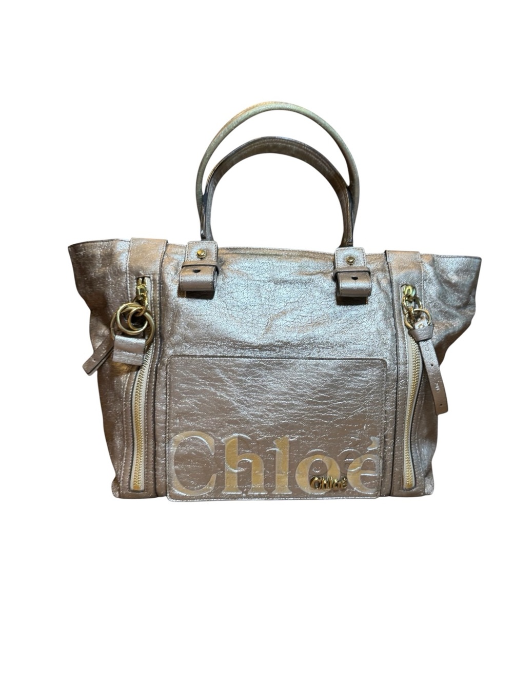 Chloé Eclipse Distressed Metallic Gold Totes Bag Auth